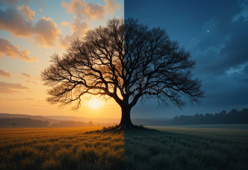 Majestic Tree in Field at Sunset to Night Transition. obrazy stock