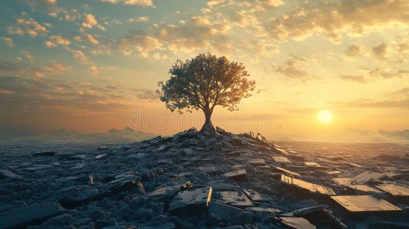 Majestic tree on futuristic ruins at sunset, symbolizing hope and nature's resilience amid a tech-driven world of stock image