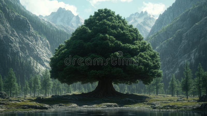 Majestic Tree in Mountain Valley zdjęcie stock