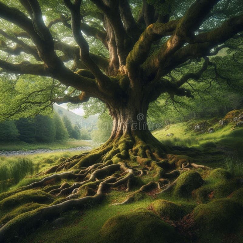 Majestic Tree Rozprzestrzenia Korzenie Na Zielonej Łące obraz stock