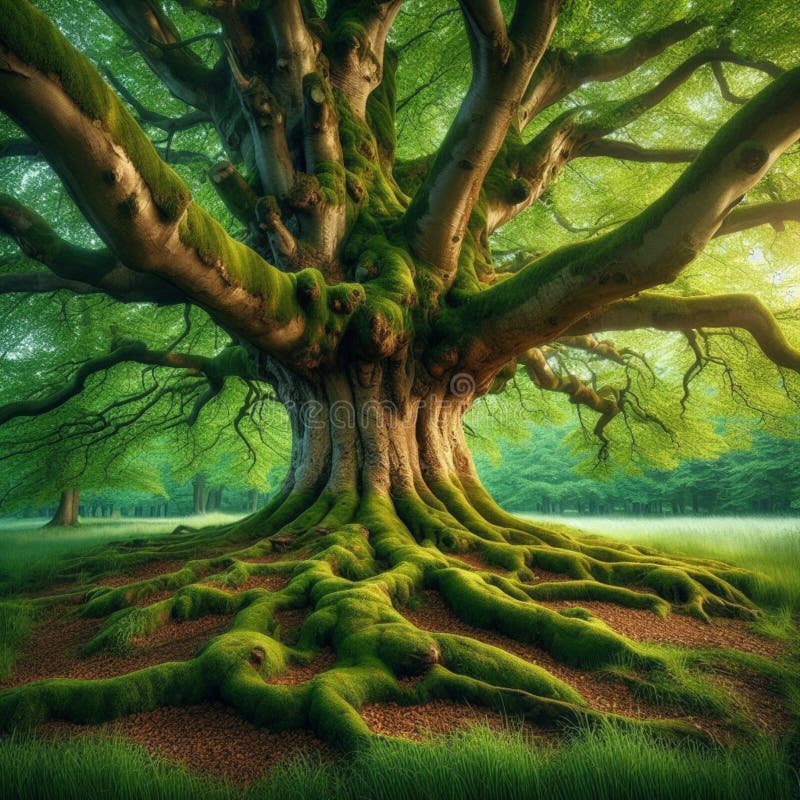 Majestic Tree Rozprzestrzenia Korzenie Na Zielonej Łące zdjęcie stock