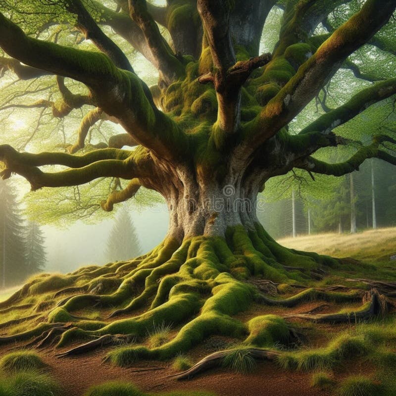 Majestic Tree Rozprzestrzenia Korzenie Na Zielonej Łące fotografia royalty free