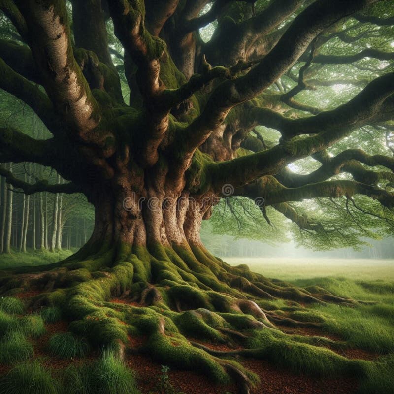 Majestic Tree Rozprzestrzenia Korzenie Na Zielonej Łące zdjęcie royalty free