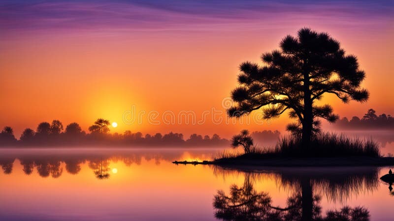 Majestic Tree Silhouette na wschód słońca z Misty Lake Generation AI fotografia royalty free