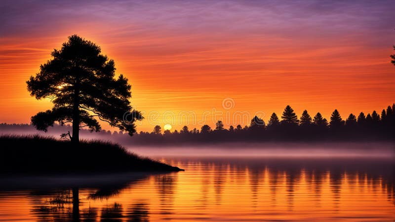 Majestic Tree Silhouette przy Sunrise Over Lake Generation AI fotografia stock