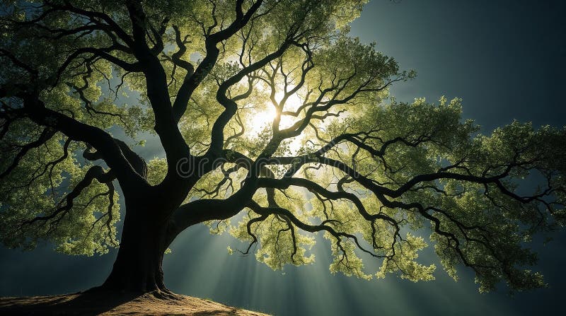 Majestic tree with sunbeams shining through branches in nature vector illustration