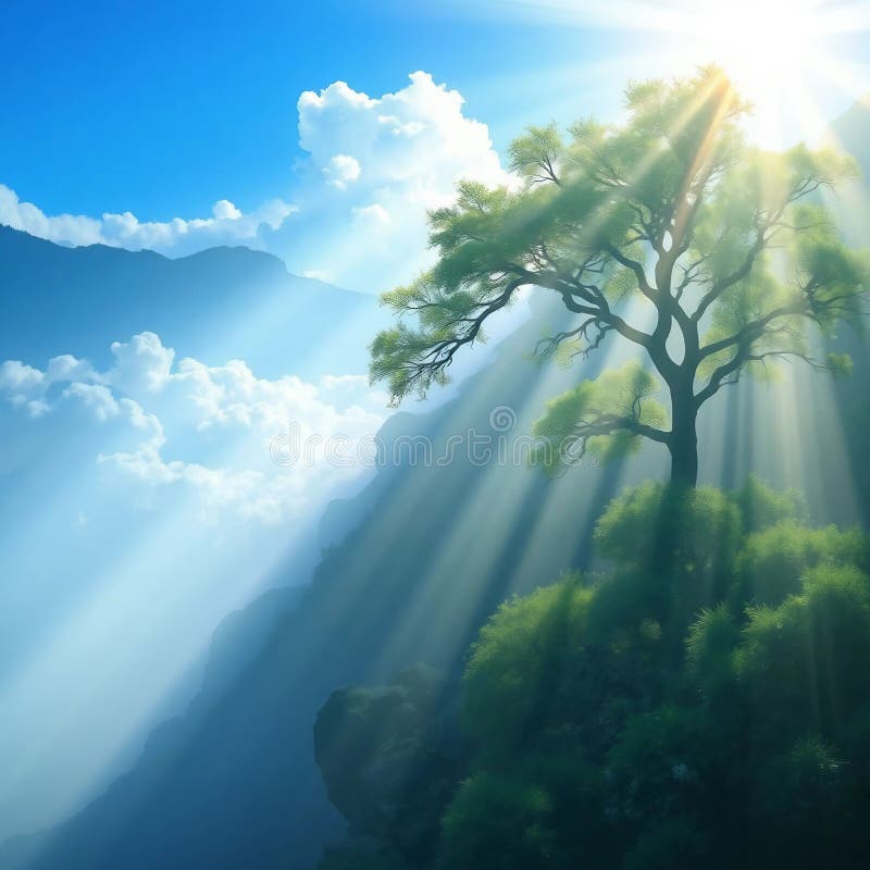 Majestic Tree on the Sunlit Mountain Cliff Overlook Clouds