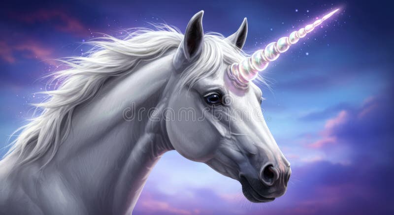Majestic Unicorn mot Twilight Sky : En digital målning av en vit majs med ett mousserande horn royaltyfri illustrationer