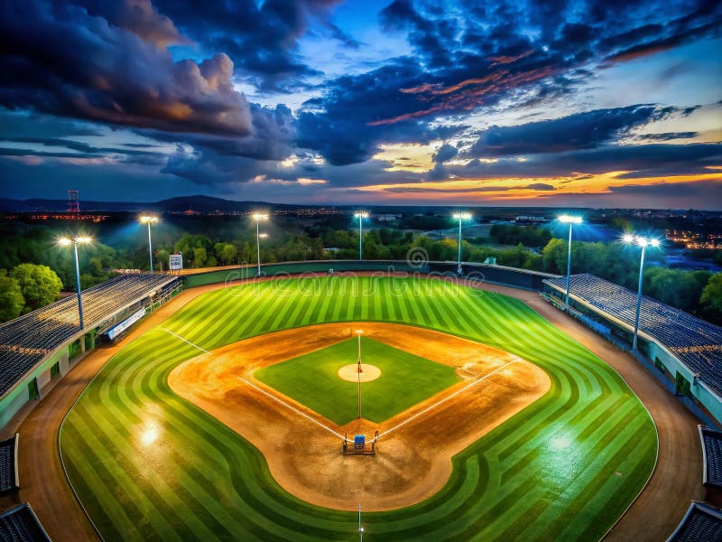 Majestic Vide Baseball Stadium à la nuit Une longue exposition Perspective WideAngle Capturer l'immensité du vide illustration stock