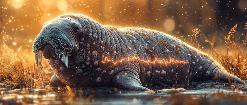 Majestic Walrus Emerges från Water Amidst Golden Sunset Glow royaltyfri illustrationer