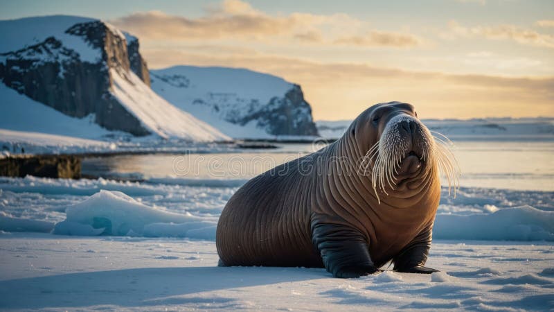 Majestic Walrus på Arktis Ice Golden Hour Sunset vektor illustrationer