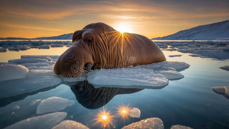 Majestic Walrus Reste on Ice Floe at Sunset in Arktis Waters vektor illustrationer