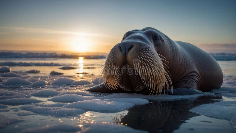 Majestic Walrus Resting on Arktis Ice at Sunset royaltyfri illustrationer