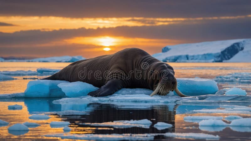 Majestic Walrus Resting on Ice Floes at Golden Hour Sunset stock illustrationer