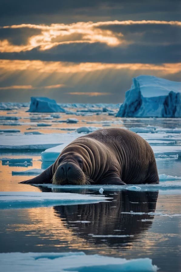 Majestic Walrus Reston Arktis Ice under Golden Sunset royaltyfri illustrationer