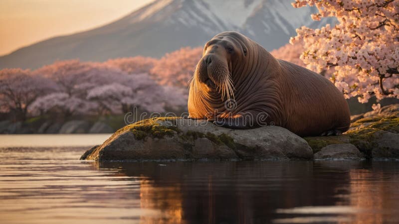 Majestic Walrus Reston Rock at Golden Hour with Cherry Blossoms stock illustrationer