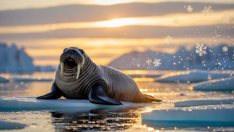 Majestic Walrus vid Sunset på arktiska isgolv royaltyfri illustrationer