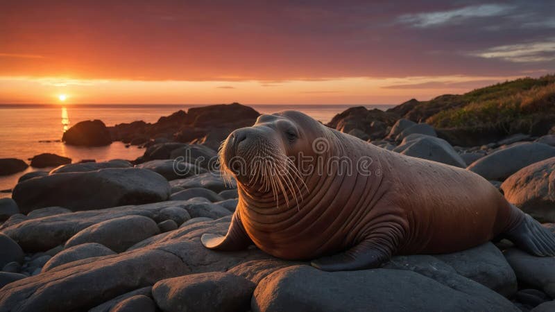 Majestic Walrus vid Sunset på Rocky Coastline royaltyfri illustrationer