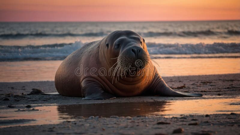Majestic Walrus vid Sunset på Sandy Beach stock illustrationer