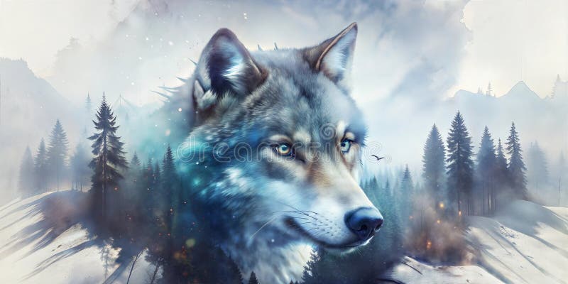 Majestic Watercolor Wolf Head Surrounded by a Mystical Forest royalty free illustration