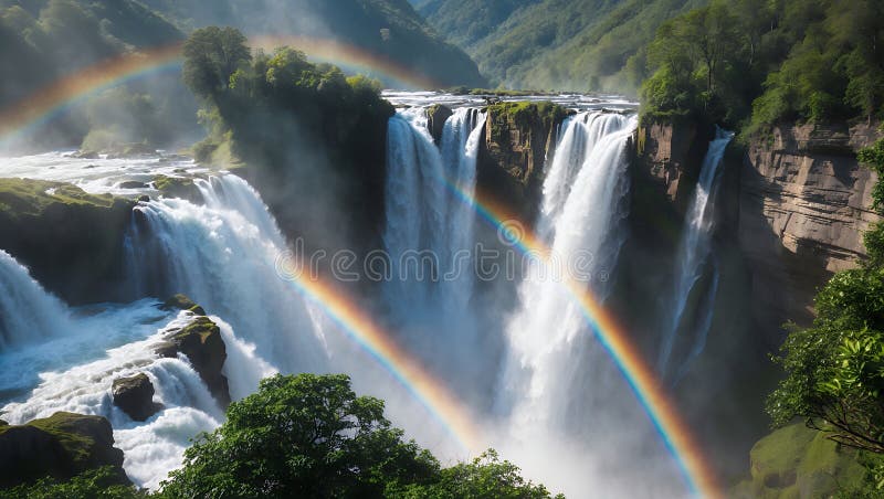 Majestic Double Rainbow Over Powerful Waterfall in Lush Green Landscape royalty free illustration