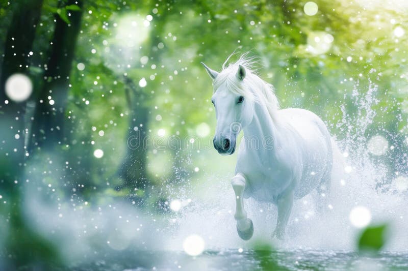 Majestic White Horse Running through Enchanted Forest with