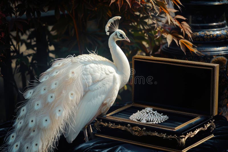 Majestic White Peacock z luksusowym pudełkiem biżuterii symbolizującym rzadkie piękno i elegancję fotografia stock