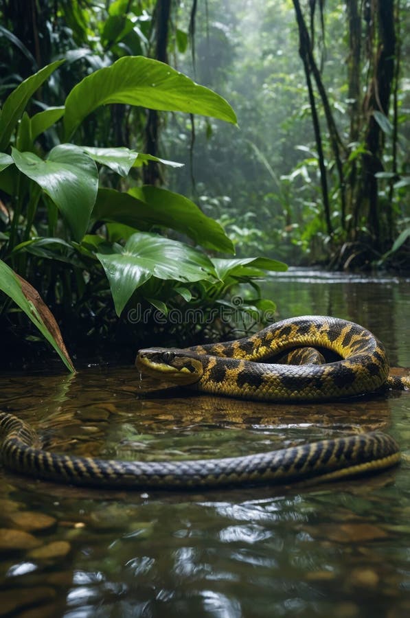 Majestic YellowBanded Snake in Lush Rainforest Stream royaltyfri illustrationer