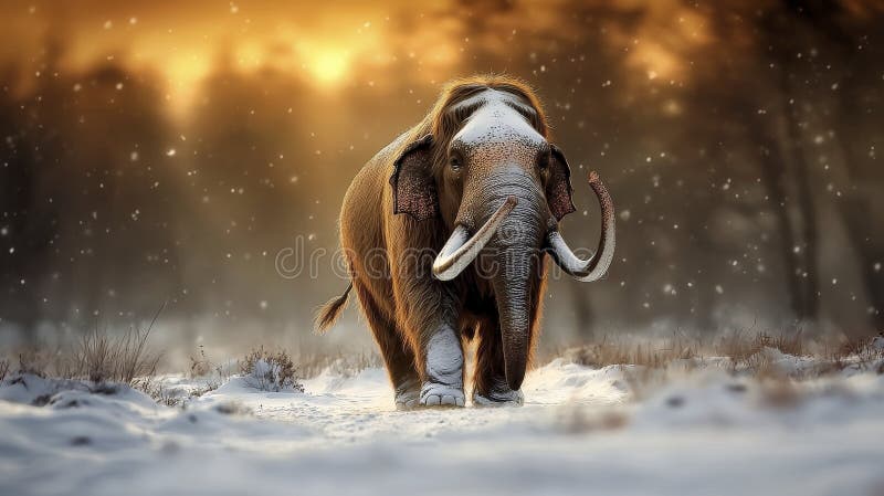 Majestätisk elefant som vandrar genom snöig skog vid solnedgången, naturfotografi, natur, fridfull vy stock illustrationer