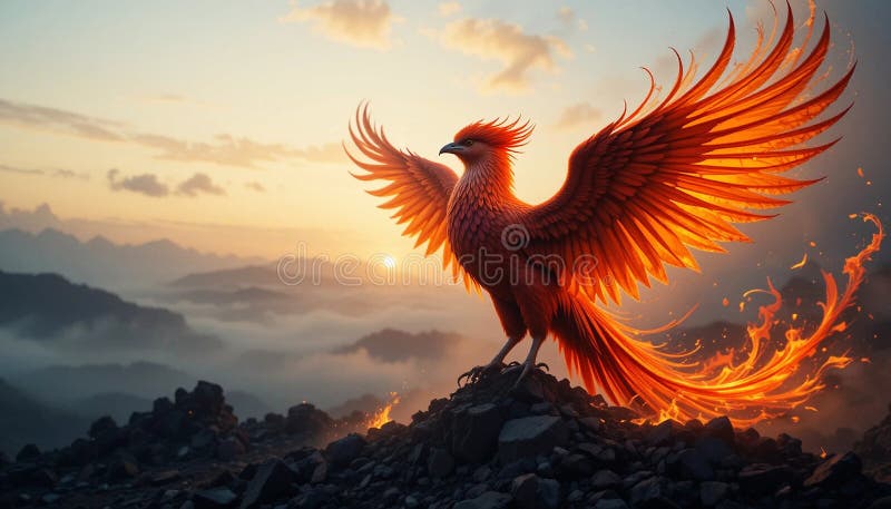 Majestisk foenix med pulserande orange och röd plumpa står på bergig terräng vektor illustrationer