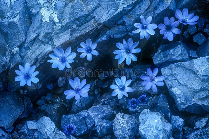 Majestueuse fleurs bleues de minuit fleurissant parmi les rochers natures de nuit beauté capturé dans un paysage éthéré illustration de vecteur