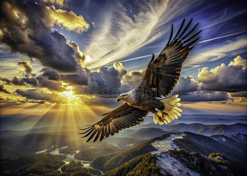 Majestueux aigle qui grimpe dans un ciel spectaculaire une perspective aérienne époustouflante capturée dans un détail stupéfiant illustration libre de droits
