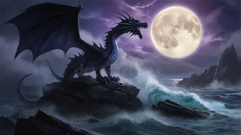 Majestueux dragon de minuit rugissant sous la pleine lune illustration de vecteur