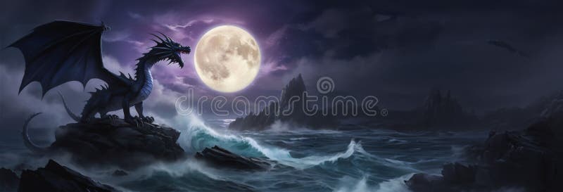 Majestueux dragon de minuit rugissant sous la pleine lune illustration libre de droits