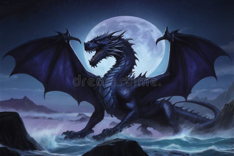 Majestueux dragon de minuit rugissant sous la pleine lune illustration stock
