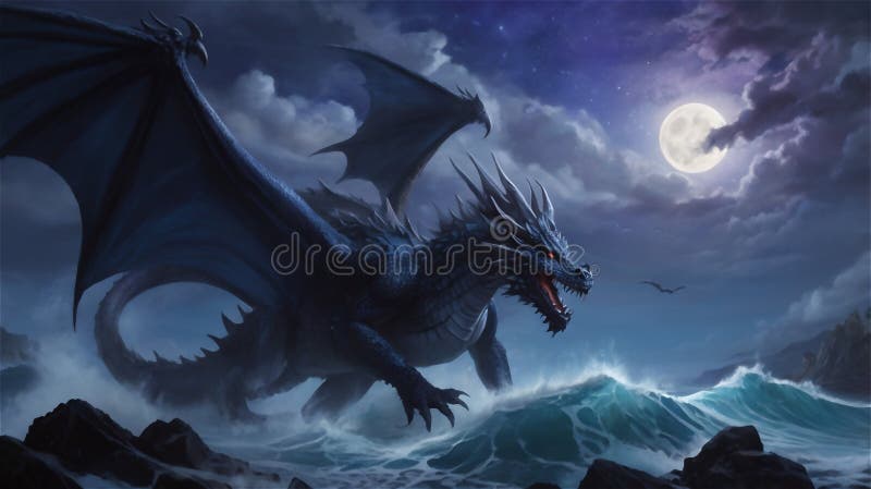 Majestueux dragon de minuit rugissant sous la pleine lune illustration libre de droits