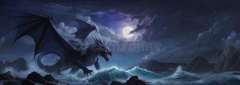 Majestueux dragon de minuit rugissant sous la pleine lune illustration stock
