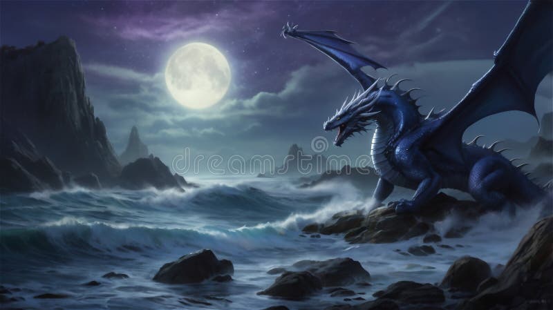 Majestueux dragon de minuit rugissant sous la pleine lune illustration de vecteur