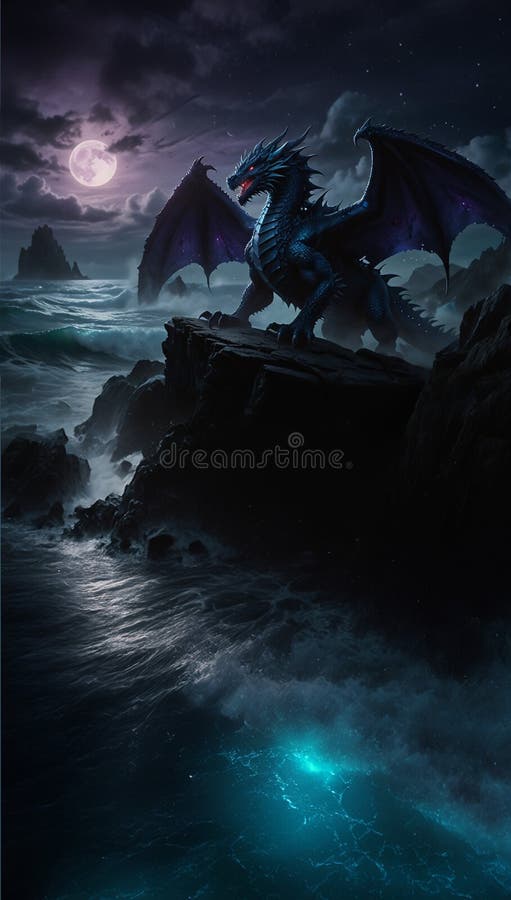 Majestueux dragon de minuit rugissant sous la pleine lune illustration libre de droits