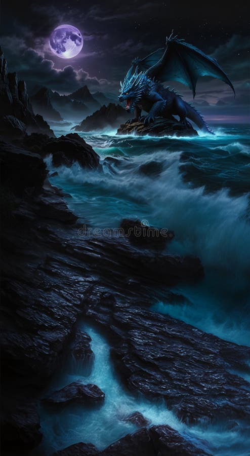 Majestueux dragon de minuit rugissant sous la pleine lune illustration stock