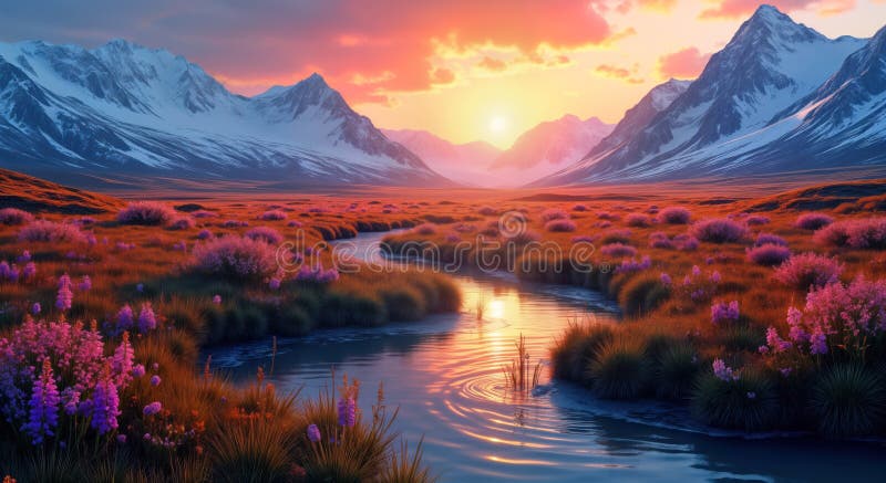 Majestueux paysage de toundra arctique au soleil de minuit. montagnes enneigées fleurs sauvages colorées cadre rivière serene. cou illustration de vecteur