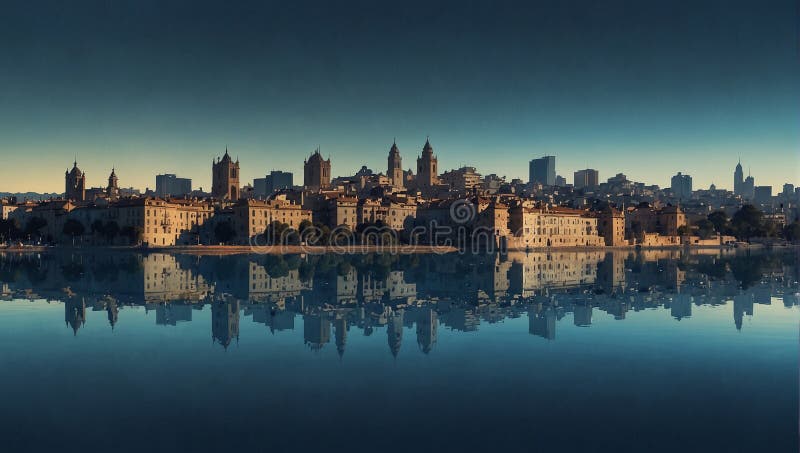 Majestueux paysage urbain reflétant sur l'eau tranquille à la tombée de la nuit avec tours historiques et skyline illustration libre de droits