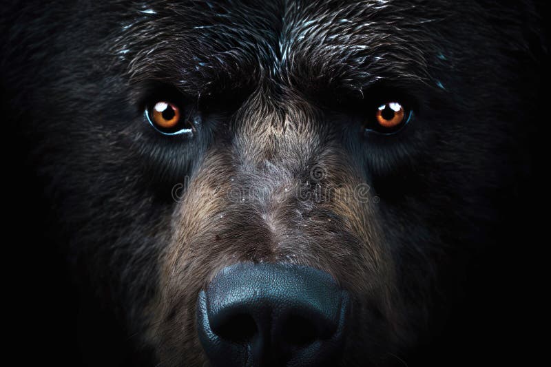 Intense close-up of a confident bear, showcasing its rough fur, serious gaze, and commanding presence in the wilderness. Intense close-up of a confident bear, showcasing its rough fur, serious gaze, and commanding presence in the wilderness