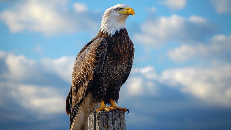 Majestuoso águila calva encaramado contra el cielo azul ilustración del vector