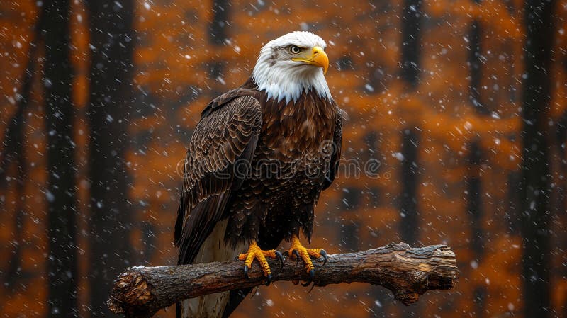Majestuoso águila calva encaramado en el bosque entre la nieve ilustración del vector