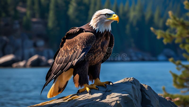 Majestuoso águila calva encaramado en una orilla rocosa libre illustration