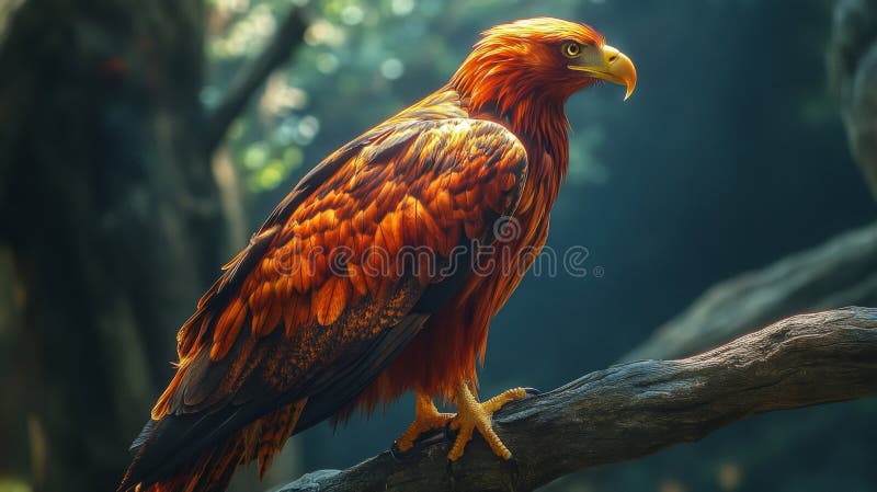 Majestuoso águila roja encaramado en una rama en un bosque oscuro libre illustration