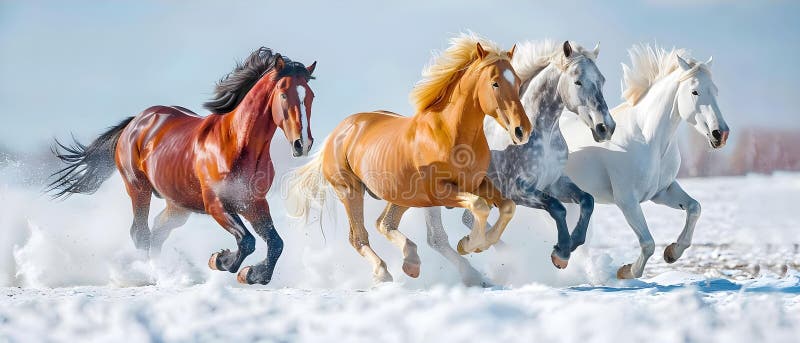 Majestät kvartett : hästar i harmoni mot vintrar canvas. Begreppet naturdjur vintern royaltyfri illustrationer