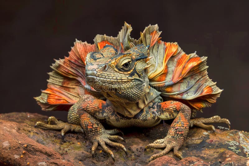 Majestic Frilled Lizard Displaying Vibrant Orange and Red Fan on a Brown Rock with Dark Background AI Generative. Majestic Frilled Lizard Displaying Vibrant Orange and Red Fan on a Brown Rock with Dark Background AI Generative