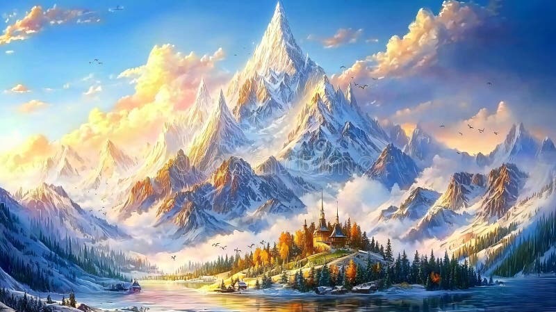 Majestätische Landschaft mit einem schneebedeckten Berg umgeben von einem ruhigen See und üppigen Herbstwäldern in lebhaften Farbe vektor abbildung